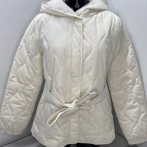 Lauren Ralph Lauren Womens Jacket Cream White Size S Belted Hooded Soft Puffer